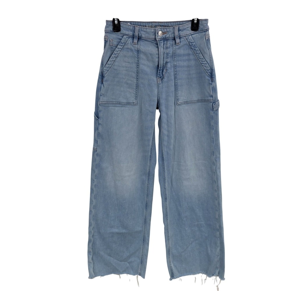 American Eagle Outfitters Jeans Women 4 Blue High Rise Wide Leg Raw Hem Utility